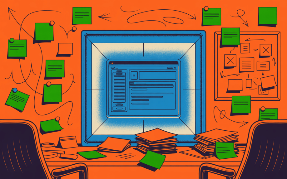 A colorful illustration of a desk with two chairs, scattered papers, and green sticky notes on the walls. In the center, a glowing screen displays a web interface, surrounded by arrows and flowchart sketches.