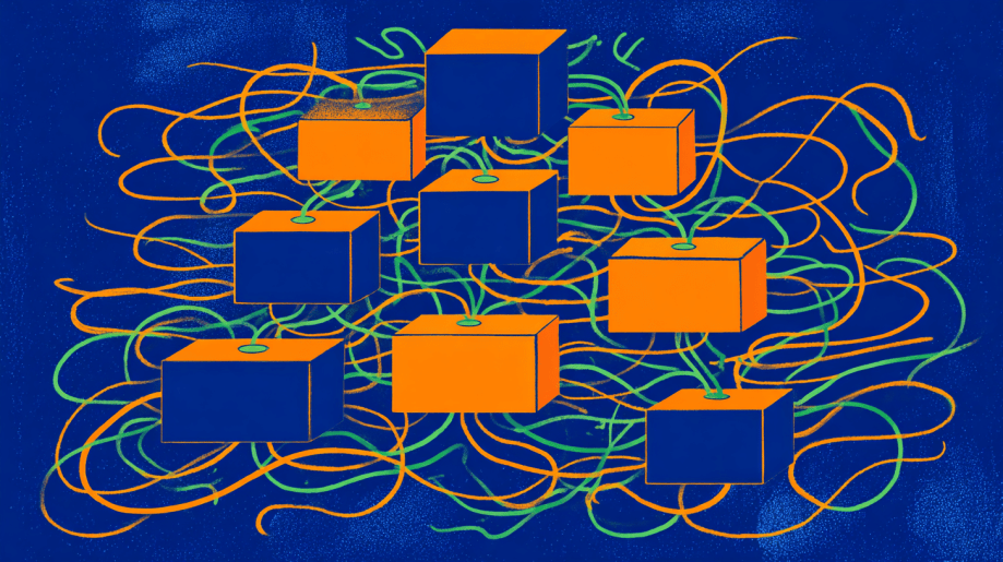 Abstract illustration of eight orange and blue cubes connected by green and orange wavy lines on a dark blue background, representing a network or interconnected system.