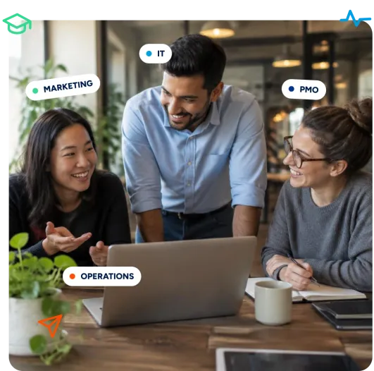 Three colleagues collaborating at a laptop in an office, with labels pointing to them for Marketing, IT, PMO, and Operations.