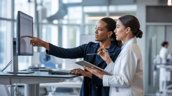Two women in professional attire, one in a lab coat, discuss information on a computer monitor in a bright office. Their focus is on ensuring the tools they use are HIPAA compliant for secure project management in the medical setting.