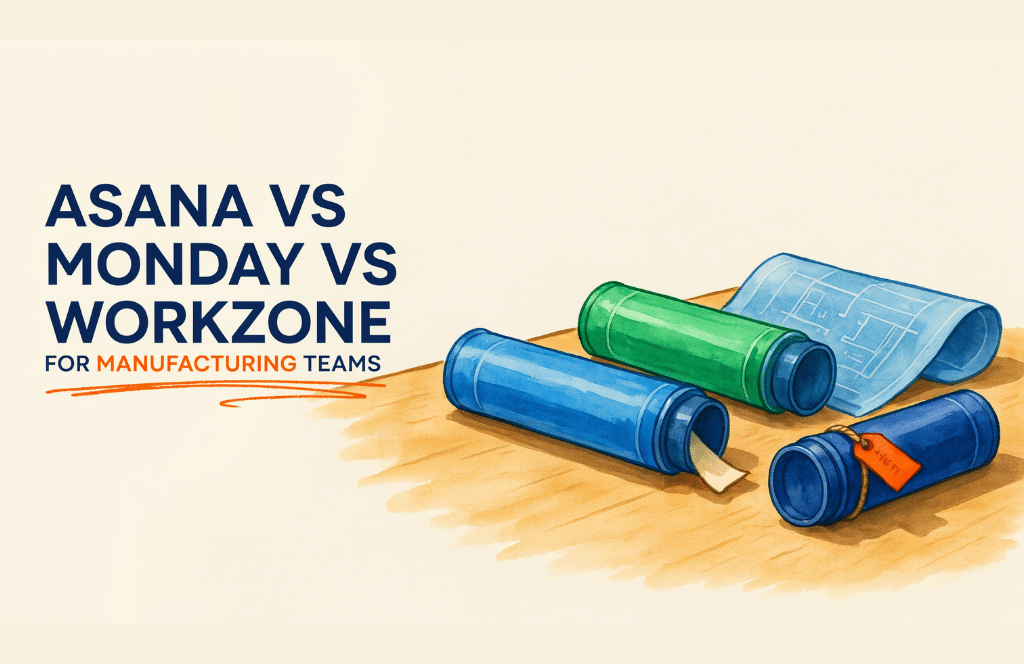 Three blueprint tubes, one unrolled, on a wooden surface. Text reads Asana vs Monday vs Workzone for Manufacturing Teams—see how marketing teams decide what’s next.