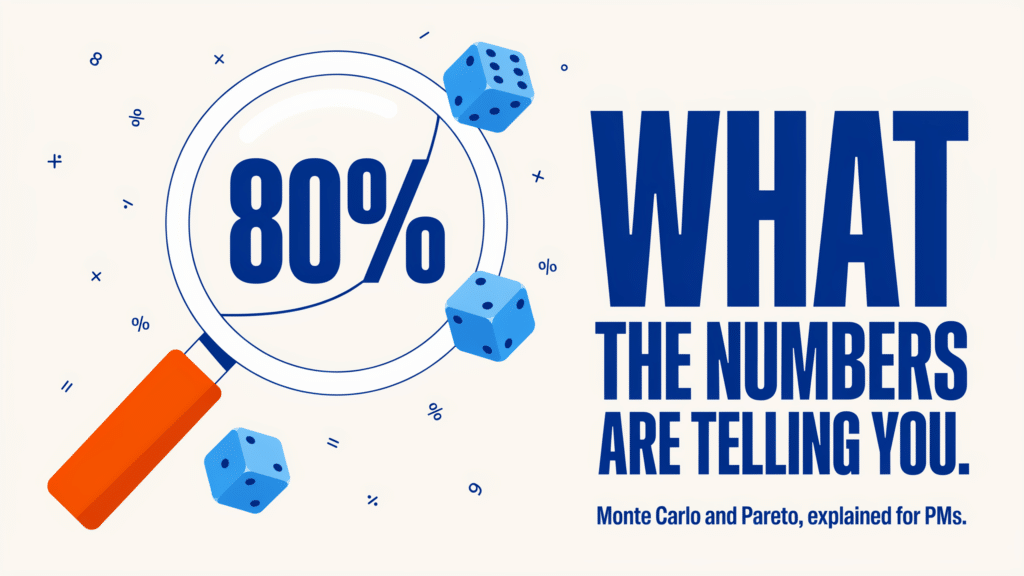 A magnifying glass focusing on 80% with dice surrounding it. Large text reads WHAT THE NUMBERS ARE TELLING YOU. Monte Carlo and Pareto, explained for PMs.