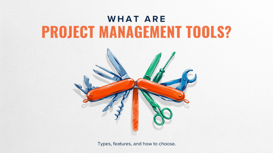 Two Swiss Army knives with orange handles display various tools. Text reads: What are Project Management Tools? Types, features, and how to choose..