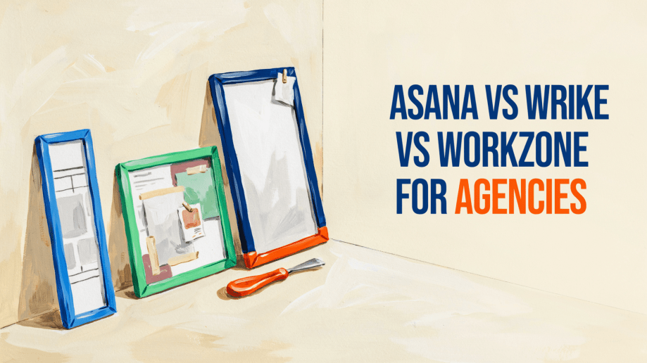 Three frames and a screwdriver are on a desk next to text that reads, “Asana vs Wrike vs Workzone for Agencies.” The frames suggest project management or workflow organization, visually representing the choices agencies face when comparing Asana vs Wrike vs Workzone for streamlined team collaboration.