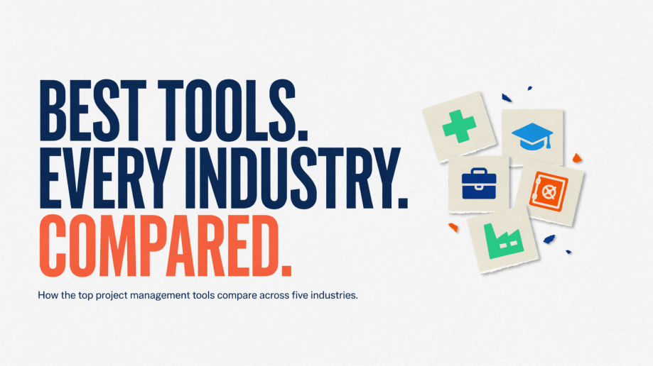 Best Tools. Every Industry. Compared. with industry icons for healthcare, education, business, manufacturing, and technology. Subtext: How the top project management tools compare across five industries..