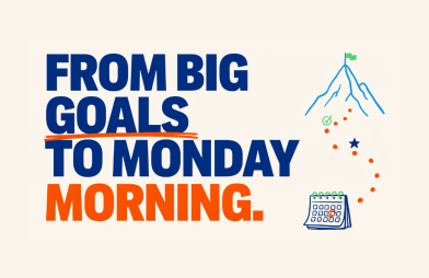 Text reads From big goals to Monday morning with goals and morning emphasized in orange. Beside the text is a mountain with a flag at the top, confetti, a calendar illustration, highlighting the power of strategic planning.