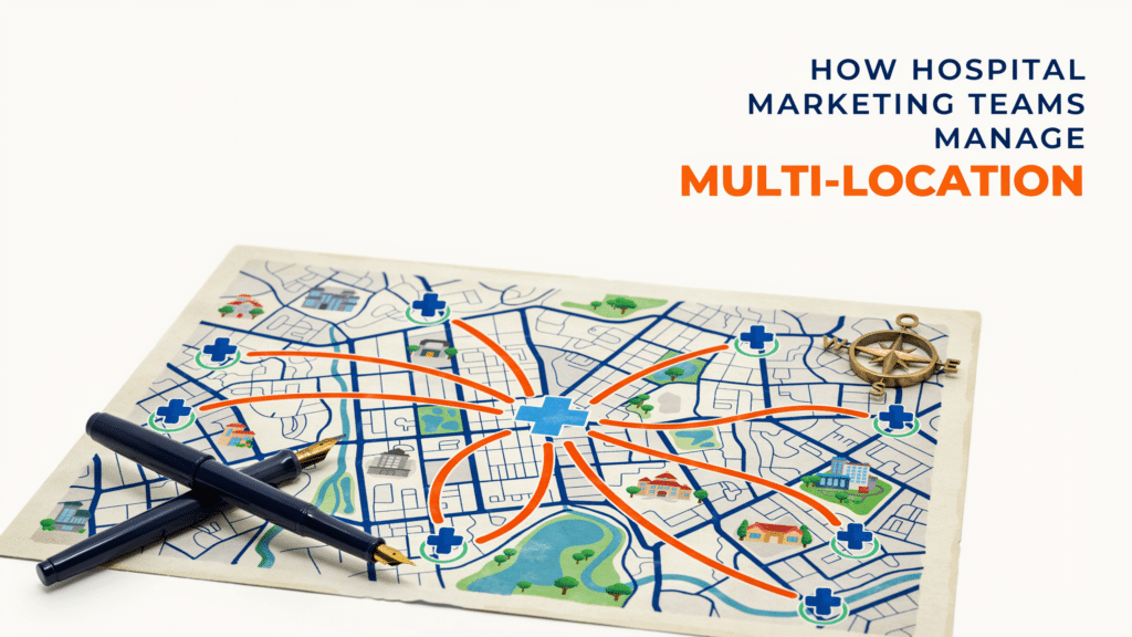 A map with hospital icons connected by orange lines, two pens, a compass, and text: How Hospital Marketing Teams Manage Multi-Location Campaigns.
