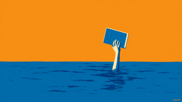 A hand emerges from deep blue water, holding up a tablet against a solid orange background—echoing the feeling of a marketing department of one striving to keep technology afloat in challenging situations.