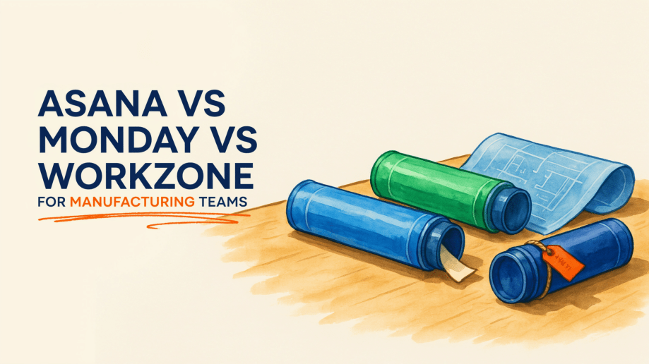 Three blueprints in blue, green, and teal tubes lie on a wooden table next to text comparing Asana, Monday, and Workzone for manufacturing teams.