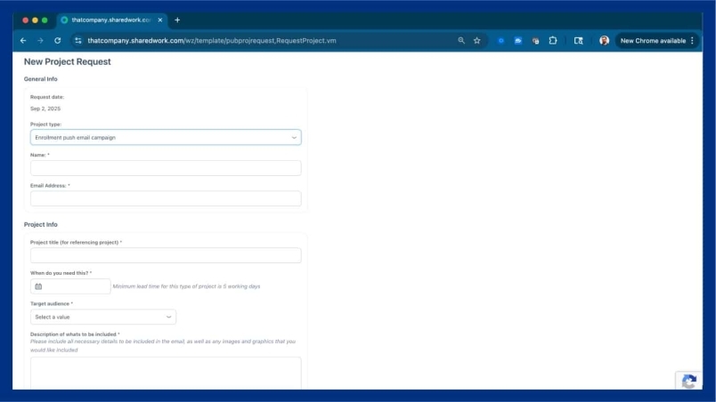 Screenshot of a web form titled New Project Request with fields for project name, email address, project info, target audience, and description—an example of user-friendly project request form software—displayed in a browser with visible tabs at the top.