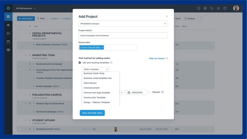 A project management software interface shows a pop-up window titled Add Project, featuring fields for campus, project name, owner, fast project setup with reusable templates, and a date picker. The background displays a blurred projects list.
