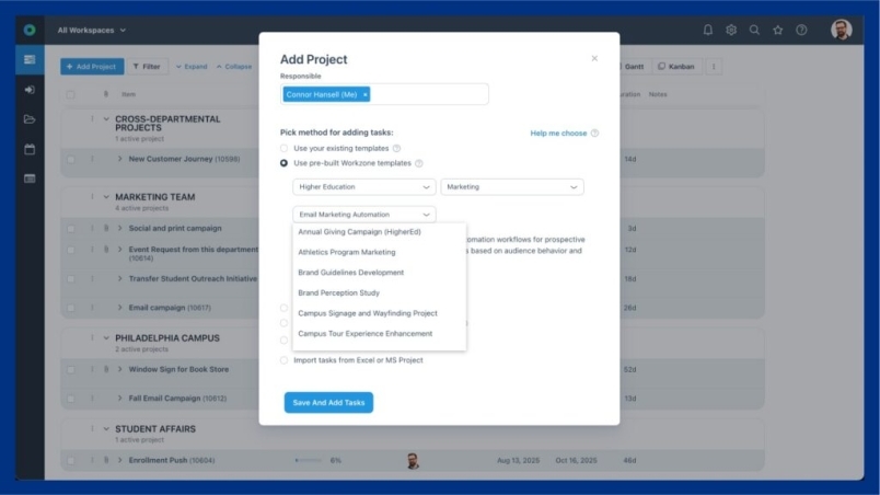 A computer screen shows a project management tool with a pop-up window titled Add Project. Dropdown menus for category and type are visible, featuring Industry Templates under Marketing. The background displays a blurred project list.