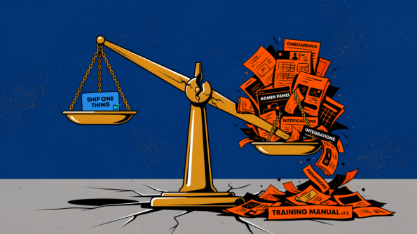 A gold balance scale tips heavily to the right under a pile of papers labeled onboarding, admin panel, notifications, integrations, and training manual, while the left side holds a single blue box labeled Ship One Thing.